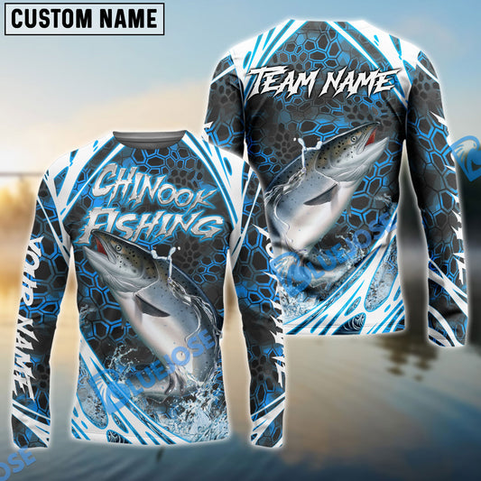 Bluejose Chinook Salmon Fishing Modern Hexagon Water Splash Custom Name & Team Name 3D Shirts