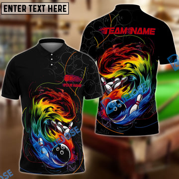 BlueJose Bowling And Pins Curved Paint Customized Name, Team Name 3D Shirt (4 Colors)