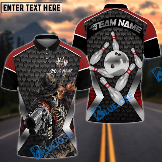 BlueJose Bowling And Pins Skeleton Cowboy Customized Name, Team Name 3D Shirt (4 Colors)