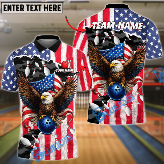 BlueJose Bowling And Pins Eagle American Flag Strike Customized Name, Team Name 3D Shirt