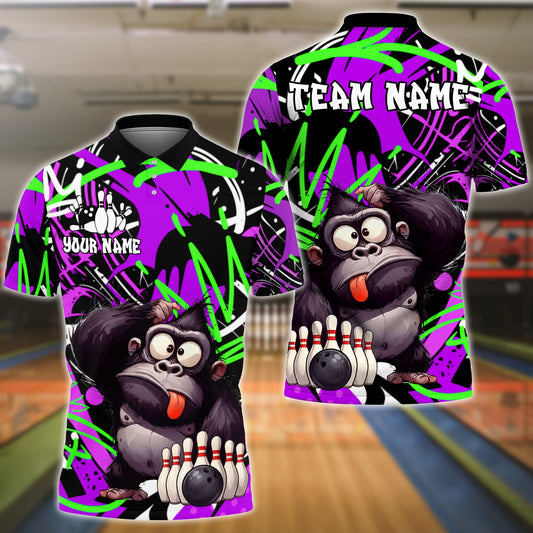 BlueJose Bowling & Pins Funny Gorilla Character Graffiti Splash Customized Name, Team Name 3D Shirt (4 Colors)
