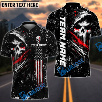 BlueJose Darts Grim Skull with American Flag Personalized Name Shirt