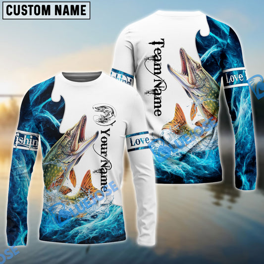 BlueJose Customize Name Pike Fishing Water & White 3D Shirts
