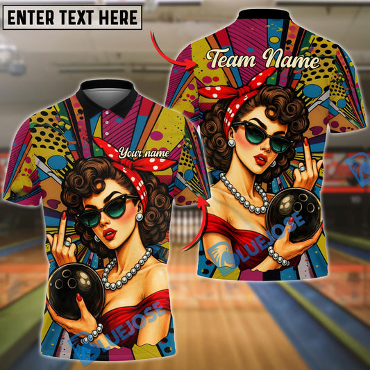 BlueJose Bowling Retro Pin-Up Girl Customized Name, Team Name 3D Shirt (4 Colors)