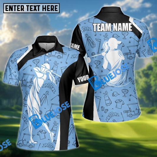BlueJose Women Line Art Golf Polo Shirt, Ladies Golf Polo Shirt Personalized Name, Team Name 3D Shirt (4 Colors)