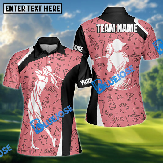 BlueJose Women Line Art Golf Polo Shirt, Ladies Golf Polo Shirt Personalized Name, Team Name 3D Shirt (4 Colors)