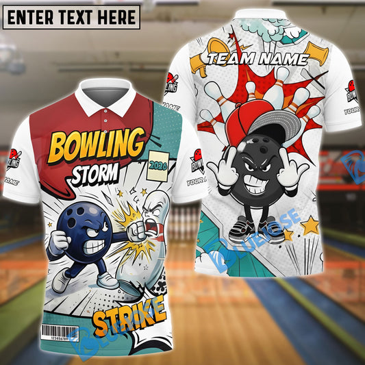 BlueJose Bowling & Pins Comic Character Strike Action Design Customized Name, Team Name 3D Shirt (4 Colors)