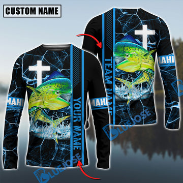 Bluejose Mahi-Mahi Fishing Blue Cross Pattern Custom Name & Team Name 3D Shirts