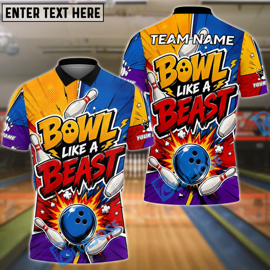 BlueJose Bowling And Pins Bowl Like A Beast Colorful Comic Burst  Customized Name, Team Name 3D Shirt