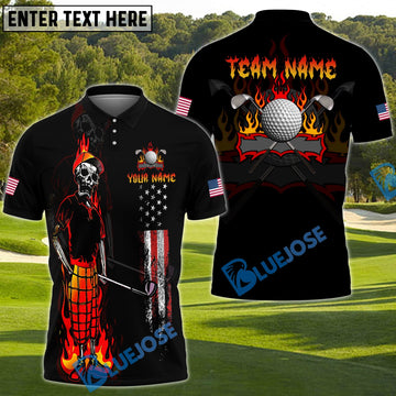 BlueJose Golf Skull Flame with American Flag Customized Name, Team Name 3D Shirts (4 Colors)