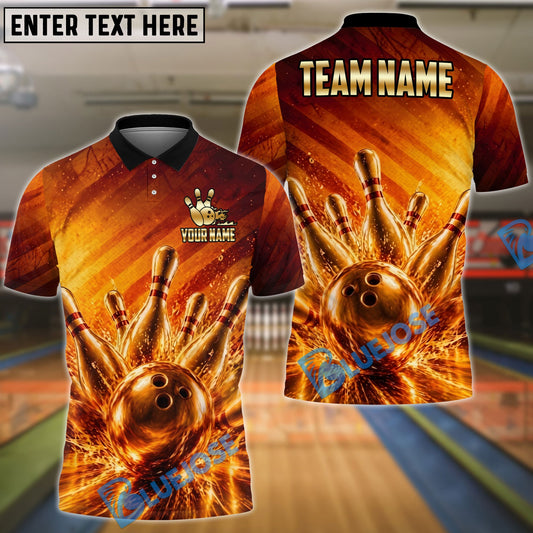 BlueJose Bowling Golden Strike Ball & Pins Explosion Customized Name, Team Name 3D Shirt (6 Colors)