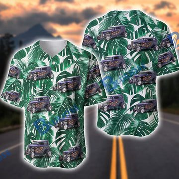 BlueJose Personalized Car Vintage Hot Rod Car Tropical Leaf Pattern Baseball Jersey
