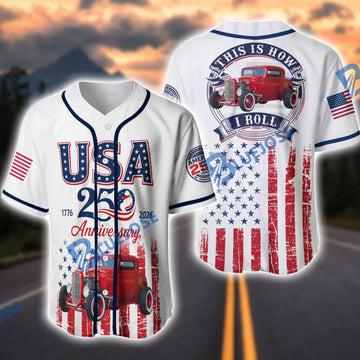 BlueJose Personalized Car "This is How I Roll" Vintage Hot Rod Baseball Jersey.