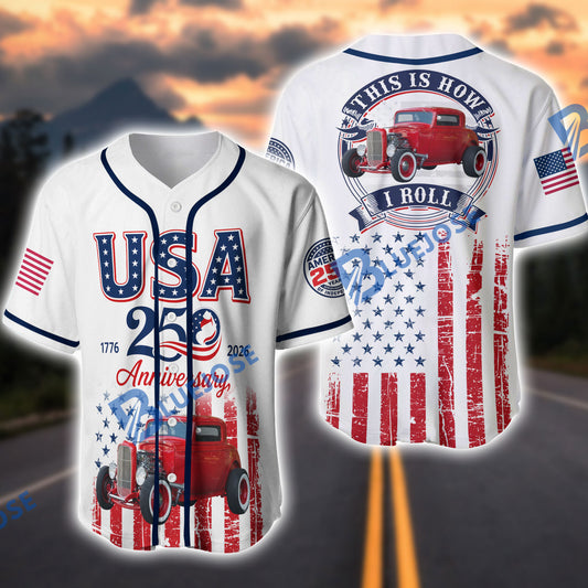 BlueJose Personalized Car "This is How I Roll" Vintage Hot Rod Baseball Jersey.