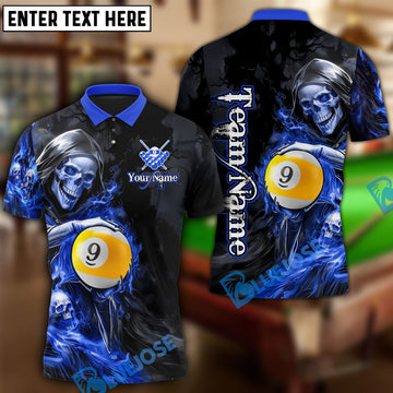 BlueJose Billiards Flame Grim Reaper Holding 9 Ball Personalized Name, Team Name Unisex Shirt (4 Colors)