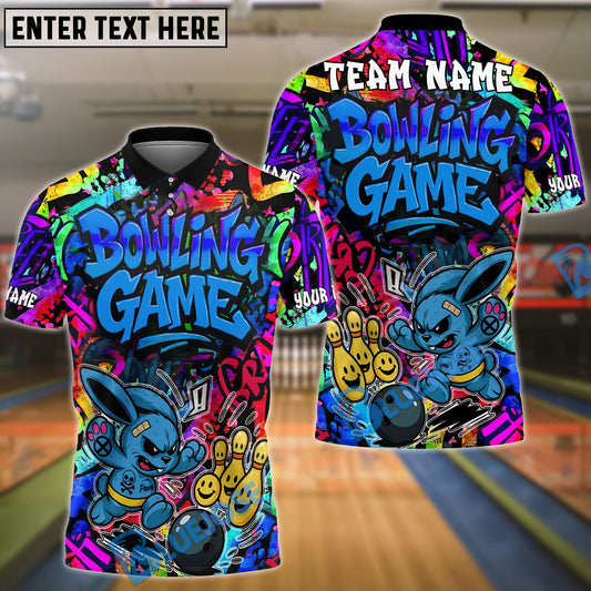 BlueJose Bowling And Pins Graffiti Colorful Bunny Customized Name, Team Name Shirt (4 Colors)