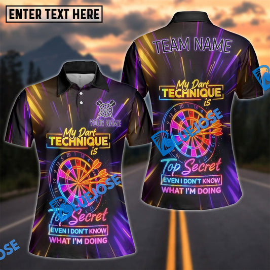 BlueJose Darts Neon Funny Quote My Dart Technique Is Top Secret Even I Don‚Äôt Know What I‚Äôm Doing Personalized Name Shirt