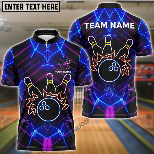 BlueJose Bowling And Pins Neon Light Style Customized Name, Team Name Shirt For Kids
