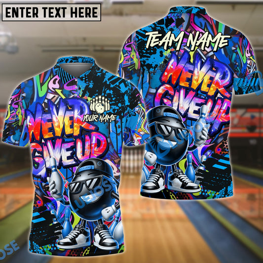 BlueJose Bowling And Pins Funny Never Give Up Graffiti Pattern Customized Name, Team Name 3D Shirt (4 Colors)