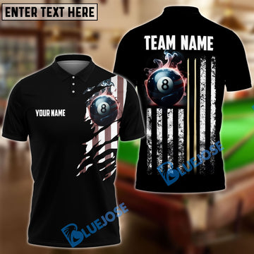 BlueJose Billiards Ball 8 with USA Flag Stripes Black Customized Name, Team Name 3D Shirt