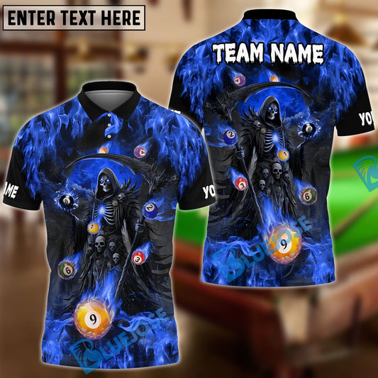BlueJose Billiards Ball 8 & 9 Grim Reaper Fire Design Personalized Name Shirt (4 Colors)