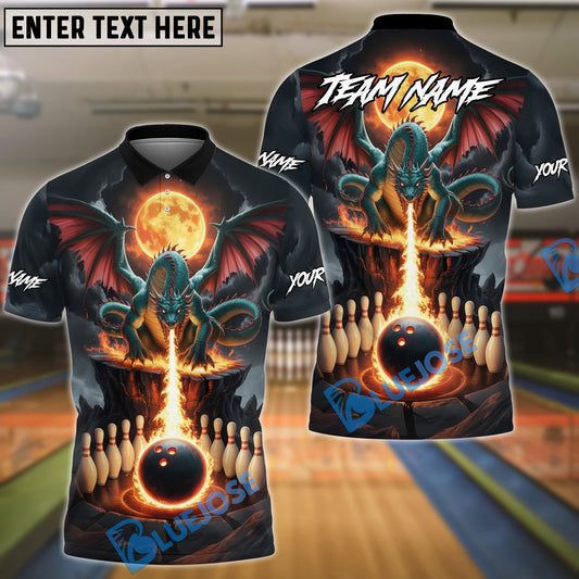 BlueJose Bowling And Pins Dragon Fire Customized Name, Team Name 3D Shirt (4 Colors)