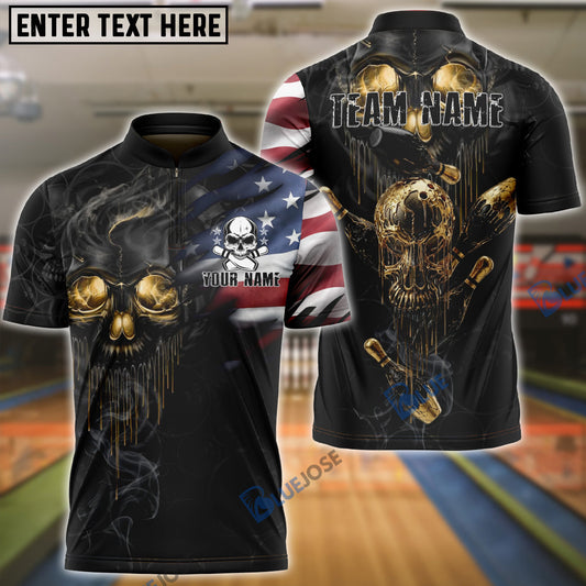 BlueJose Bowling And Pins Skull American Flag Melting Golden Pins Customized Name, Team Name 3D Shirt