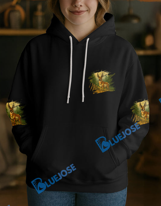 BlueJose Black Pronghorn Hunter Personalized Name Hoodie For Hunting Lover