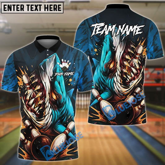BlueJose Bowling And Pins Scary Fierce Shark Attack Customized Name, Team Name 3D Shirt (4 Colors)
