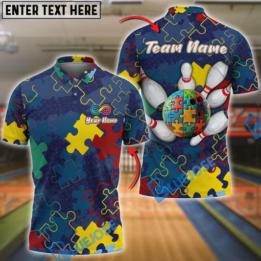 BlueJose Bowling Autism Awareness Puzzle Personalized Name, Team Name 3D Shirt