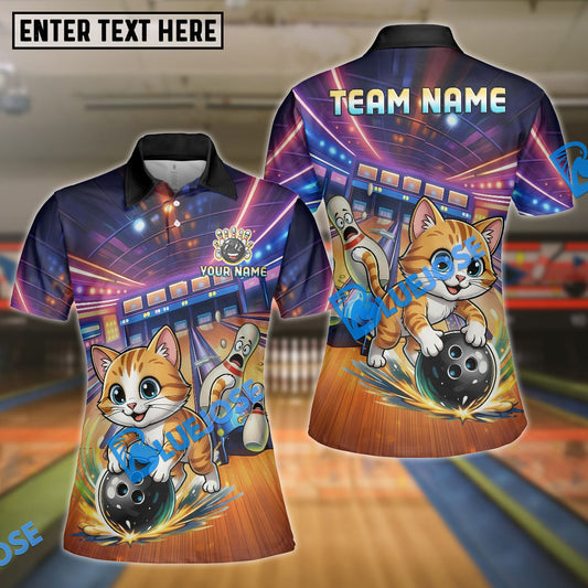 BlueJose Bowling And Pins Funny Cute Cat Strike Customized Name, Team Name 3D Shirt For Kids