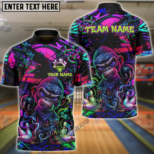 BlueJose Bowling And Pins Angry Monkey Neon Graffiti Customized Name, Team Name 3D Shirt