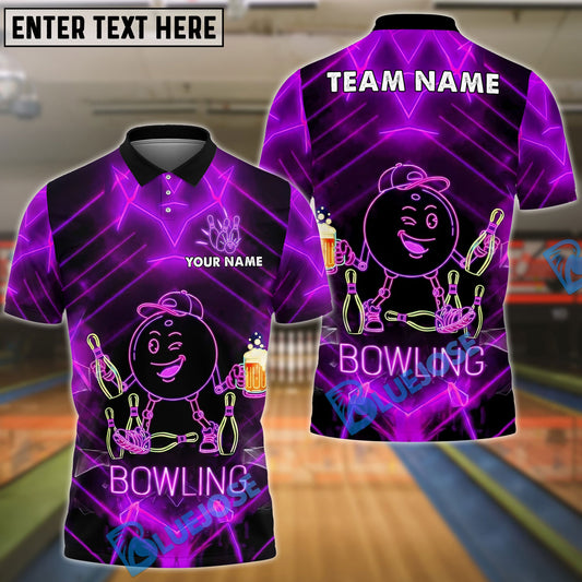 BlueJose Bowling & Pins Neon Smiling Bowling Ball Beer Party Style Customized Name, Team Name 3D Shirt (4 Colors)