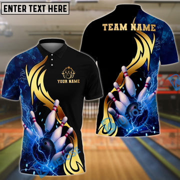 BlueJose Bowling And Pins Strike Thunder Lightning Customized Name, Team Name 3D Shirt (4 Colors)