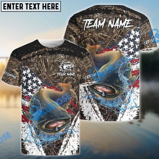 Bluejose Catfish Fishing American Flag Scratch Grass Camo Custom Name & Team Name 3D Shirts