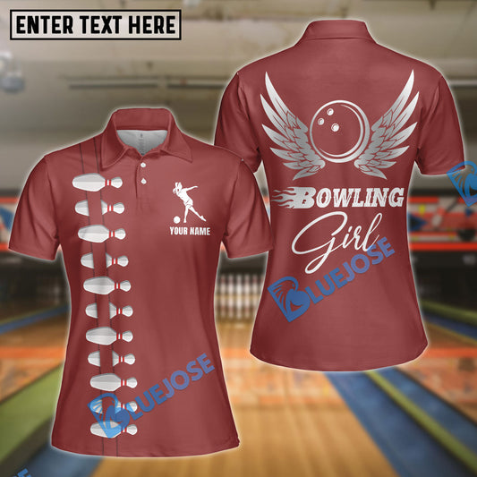 BlueJose Red Bowling Girl Beautiful Wings Premium Customized Name 3D Shirt For Women