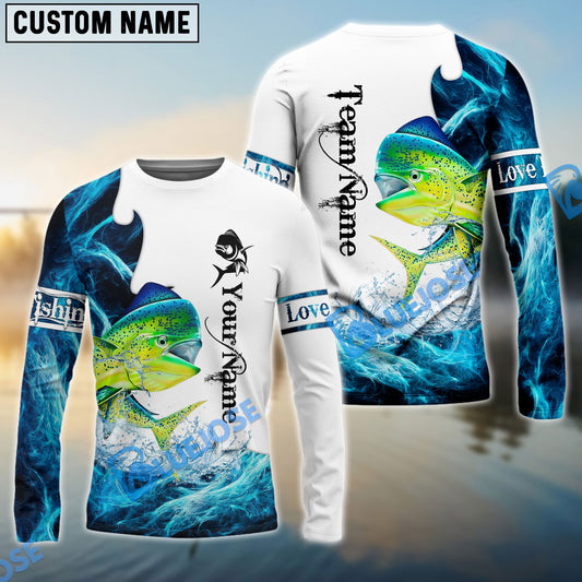 BlueJose Customize Name Mahimahi Fishing Water & White 3D Shirts
