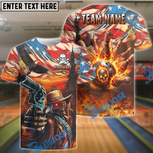 BlueJose Bowling And Pins Patriotic Cowboy Skull Fire Personalized Shirt