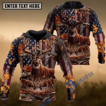BlueJose Deer Hunting American Flag Whitetail Buck Autumn Forest Multiple Options Personalized Name 3D Hoodie