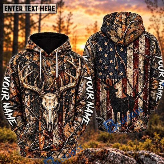 BlueJose Deer Hunting American Flag Deer Skull Buck Camo Personalized Hoodie Custom Name 3D Shirt
