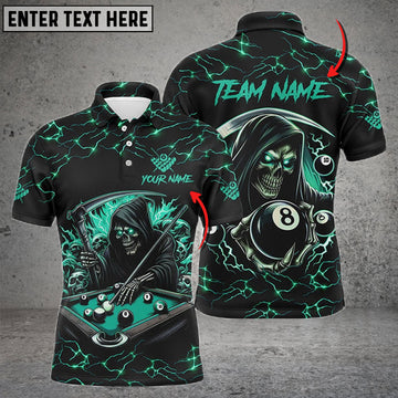 BlueJose Billiards Ball 8 Funny Death Skeleton Personalized Name & Team Name Shirt (4 Colors)