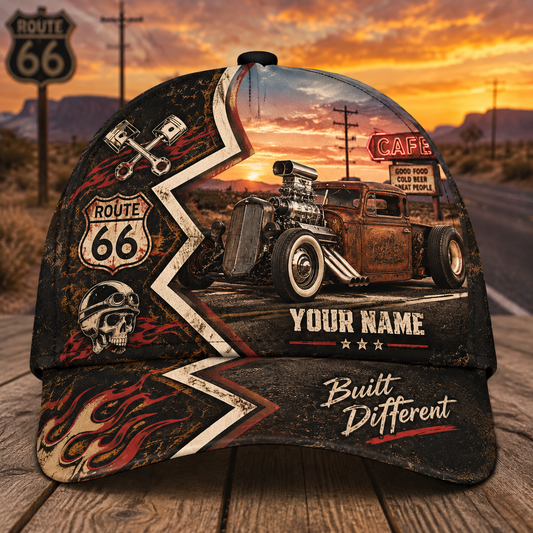 BlueJose Built Different Custom Name Cap – Route 66 Rat Rod Desert Sunset Baseball Hat
