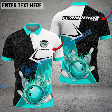BlueJose Bowling And Pins Fire Blur Multicolor Customized Name 3D Shirt ( 4 Colors )