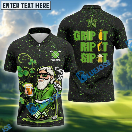 BlueJose Grip It Rip It Sip It St Patrick's Day Leprechaun Golf And Beer Shamrock Golf Shirt, Golf Shirts For Men