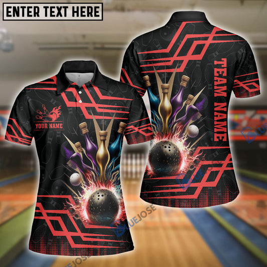 BlueJose Bowling And Pins Royal Multicolor Option Customized Name 3D Shirt for Women (4 Colors)