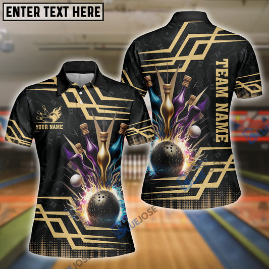 BlueJose Bowling And Pins Royal Multicolor Option Customized Name 3D Shirt for Women (4 Colors)
