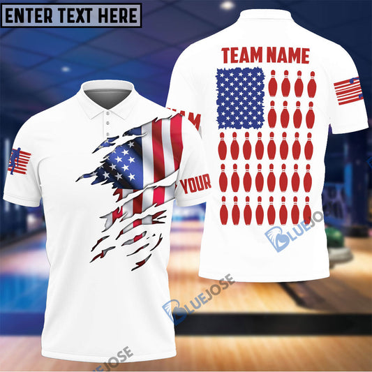 BlueJose White American Flag Bowling Pins Customized Name, Team Name 3D Shirt Personalized Shirts For Bowling Players