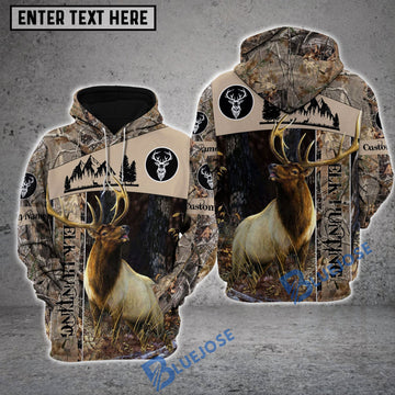 BlueJose Elk Hunting Leather Brown Camo Pattern Custom Name Shirt 3D All Over Printed Clothes
