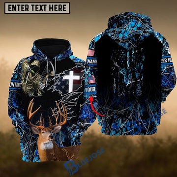 BlueJose Blue Deer Hunting USA Flag Cross With Reaper Bow Custom Name Shirt 3D All Over Printed Clothes