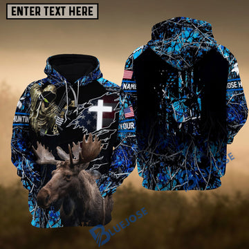 BlueJose Blue Moose Hunting USA Flag Cross With Reaper Bow Custom Name Shirt 3D All Over Printed Clothes